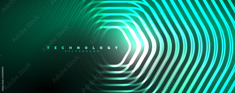 Neon shiny hexagons abstract background, technology energy space light concept, abstract background wallpaper desig