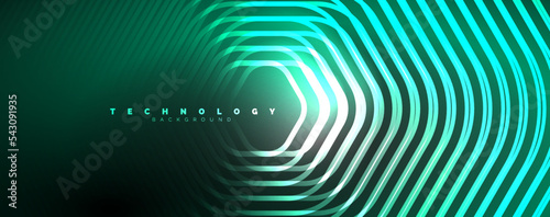 Neon shiny hexagons abstract background, technology energy space light concept, abstract background wallpaper desig