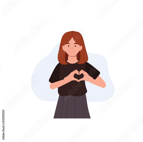 Happy Smiling diverse woman with hand gestures, heart symbol.  like and love with hands. Flat vector cartoon character illustration.