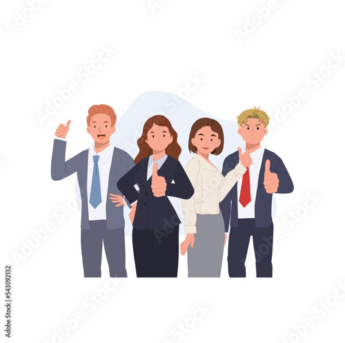 Happy Businessteam recommend good quality course or work. Employment concept.Smiling people showing thumbs up. Vector illustration.