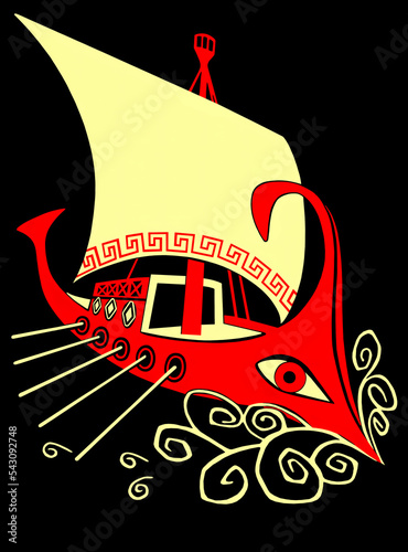 Illustration of an ancient rowing ship, with square sail, from Greek mythology. Ulysses, Odyssey, Argonauts, Golden Fleece, Iliad, Homeric poems photo