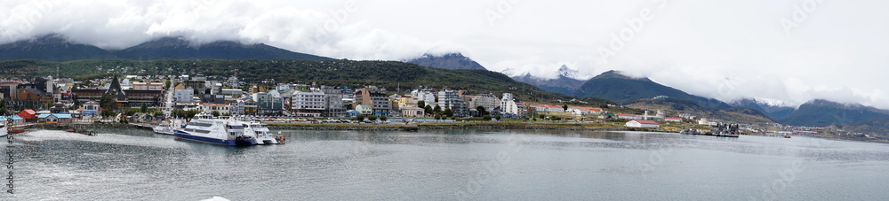 Panorama of the city of Ushuaia, Argentina, with the commercial pier, seen from the Beagle Channel