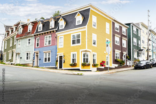 St John's Newfoundland Canada, September 18 2022: Jelly Bean row houses street view in Atlantic Canada at an old neighborhood. 