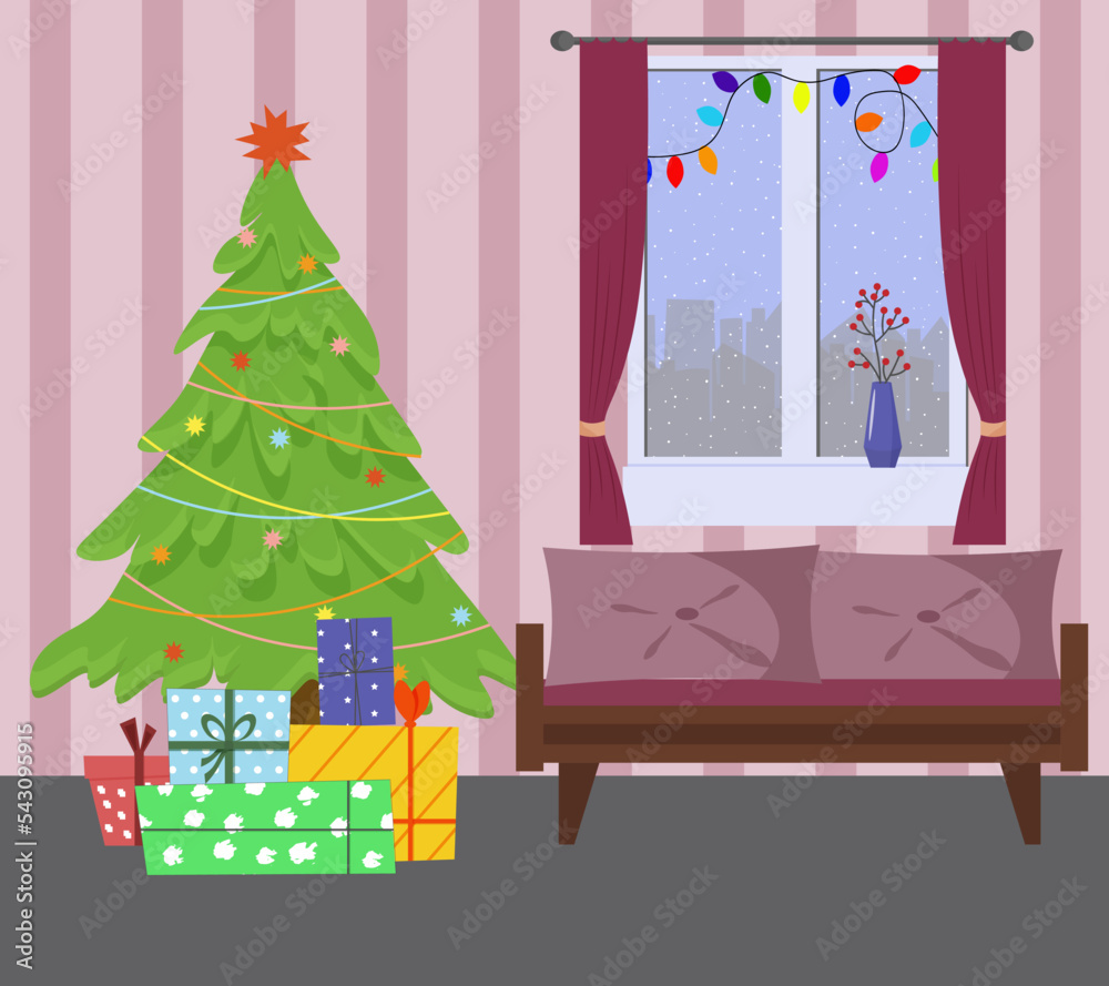 Cozy interior with decorations for Christmas and New Year. Christmas tree, gifts, sofa and window. Season of preparation for the holidays. Celebration atmosphere. For prints, flyers, brochures, web pa