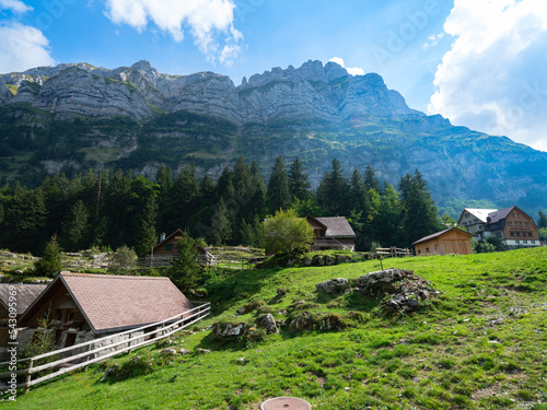 Switzerland , Europe. Mountains with spring water and blue sky scene. Green untouched forest. Appenzell Alps Mountains in Alpine, Swiss.