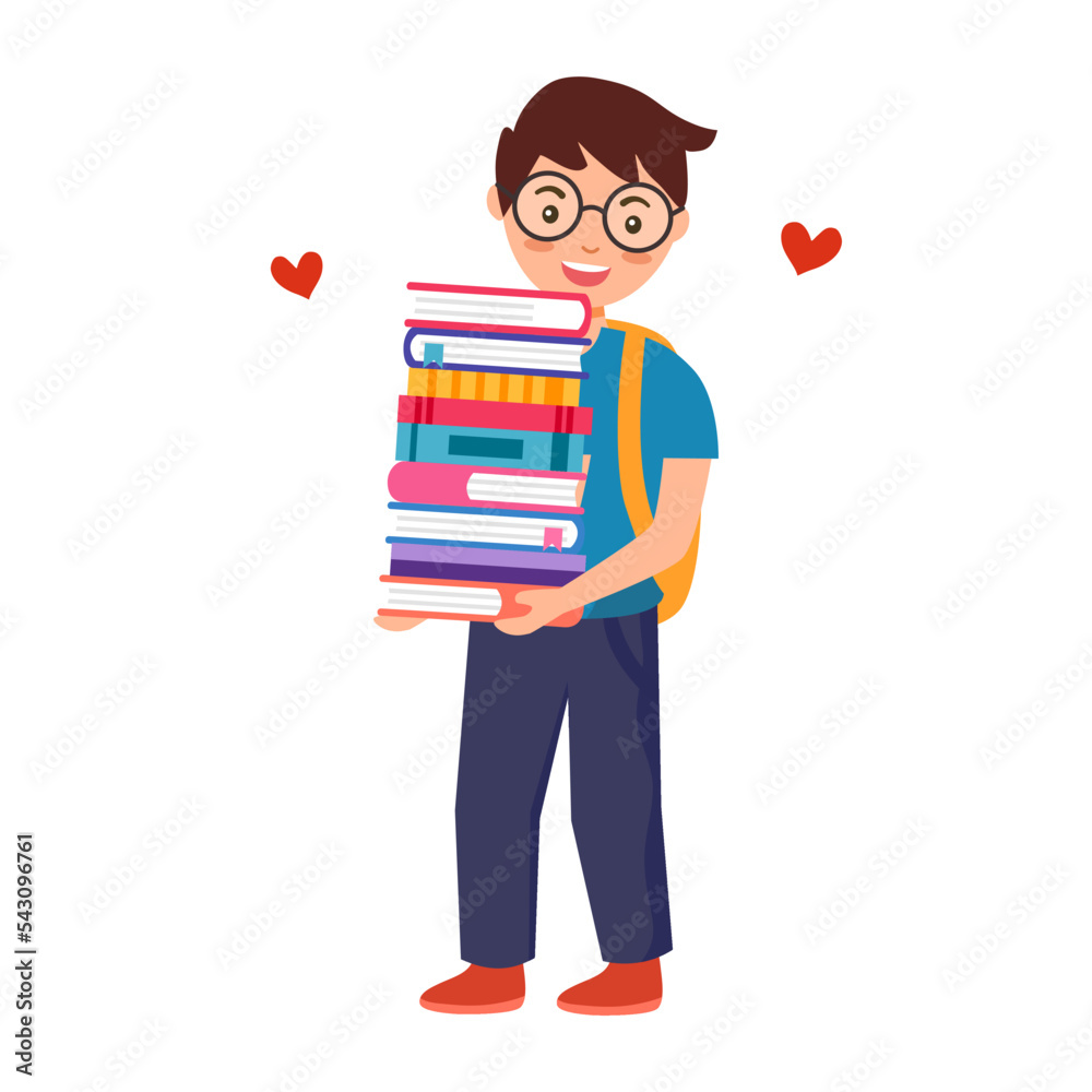 I love reading concept vector illustration. Boy child holding stack of books in flat design on white background.
