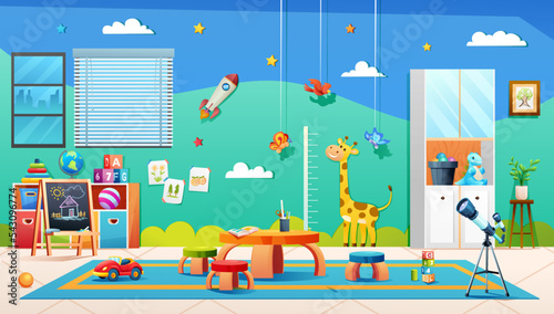 Modern kindergarten classroom interior for kids playing games and study. Empty playroom cartoon illustration