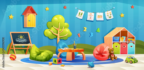 Kindergarten playroom interior. Nursery room with toys and furniture vector cartoon 
