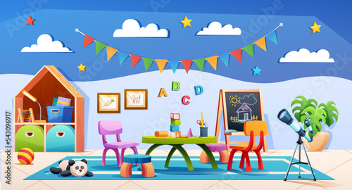 Kids playroom interior with furniture and equipment for games and education. Kindergarten classroom design cartoon