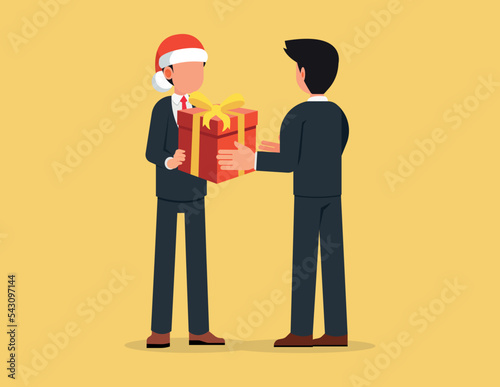 Corporate worker Christmas and New Year congratulations. Business man boss in Santa Claus hat gift box to employees