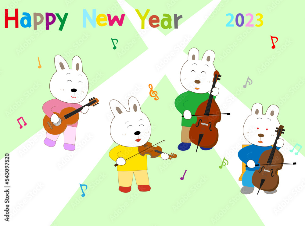 Fototapeta premium 令和五年の年賀素材。ウサギが新年を祝って楽器を演奏している