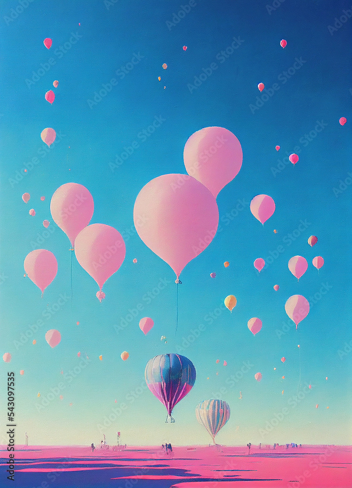 balloons in the sky, beautiful poster, watercolor flat style