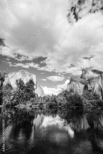 Yosemite Valley View Reflection Black and White portrait