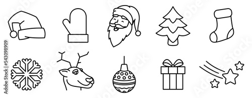 Conjunto de iconos de navidad. Feliz navidad. Santa Claus, guate, bota, árbol, regalo, bolas colgantes y reno de navidad. Ilustración vectorial