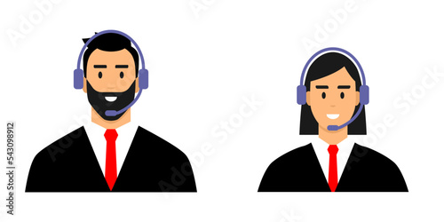 Conjunto de asistentes de centro de llamadas. Hombre y mujer. Soporte técnico en línea, ayuda. Atención al cliente 24 horas. Ilustración vectorial