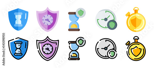 reliability icon set. shield with clock. symbol of support. vector illustration with a different style. flat and filled line style