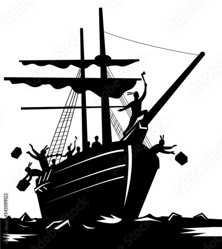 Bild auf Leinwand Illustration of the Boston tea party showing American patriots dressed as Native American indians throwing crates of tea overboard the ship