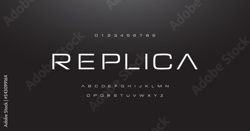 Modern futuristic sci-fi vector font. Replica Minimalist style letters for logo, headline, poster, music or movie cover.Electronic, techno, geometric, 
digital, robots theme etc.