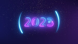 number 2023 neon light bright glowing. 2022 happy New Year dark background with decoration with neon number on Purple and blue Beautiful Gold Glitter Floating background. winter holiday template.