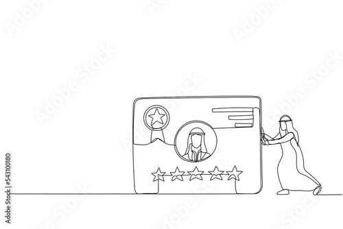 Illustration of arab businessman showing testimonial card with good reviews. Metaphor for customer praise. Continuous line art