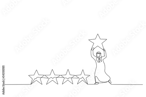 Drawing of arab businessman holding golden yellow star to added to 5 stars rating. One line style art