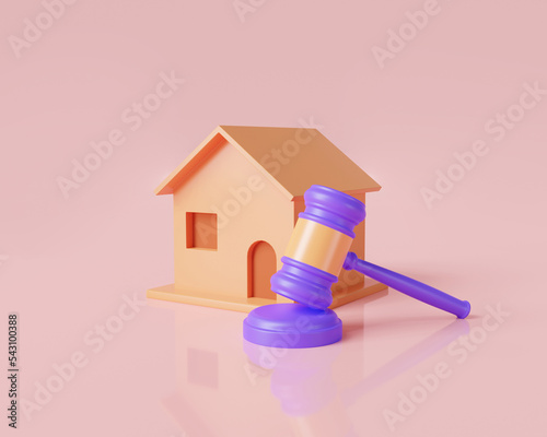 Real estate law concept. Justice gavel and house icon. Judgement Hammer, law gavel, Auction, division of property, home insurance, arbitrate courthouse. 3d render illustration. cartoon minimal