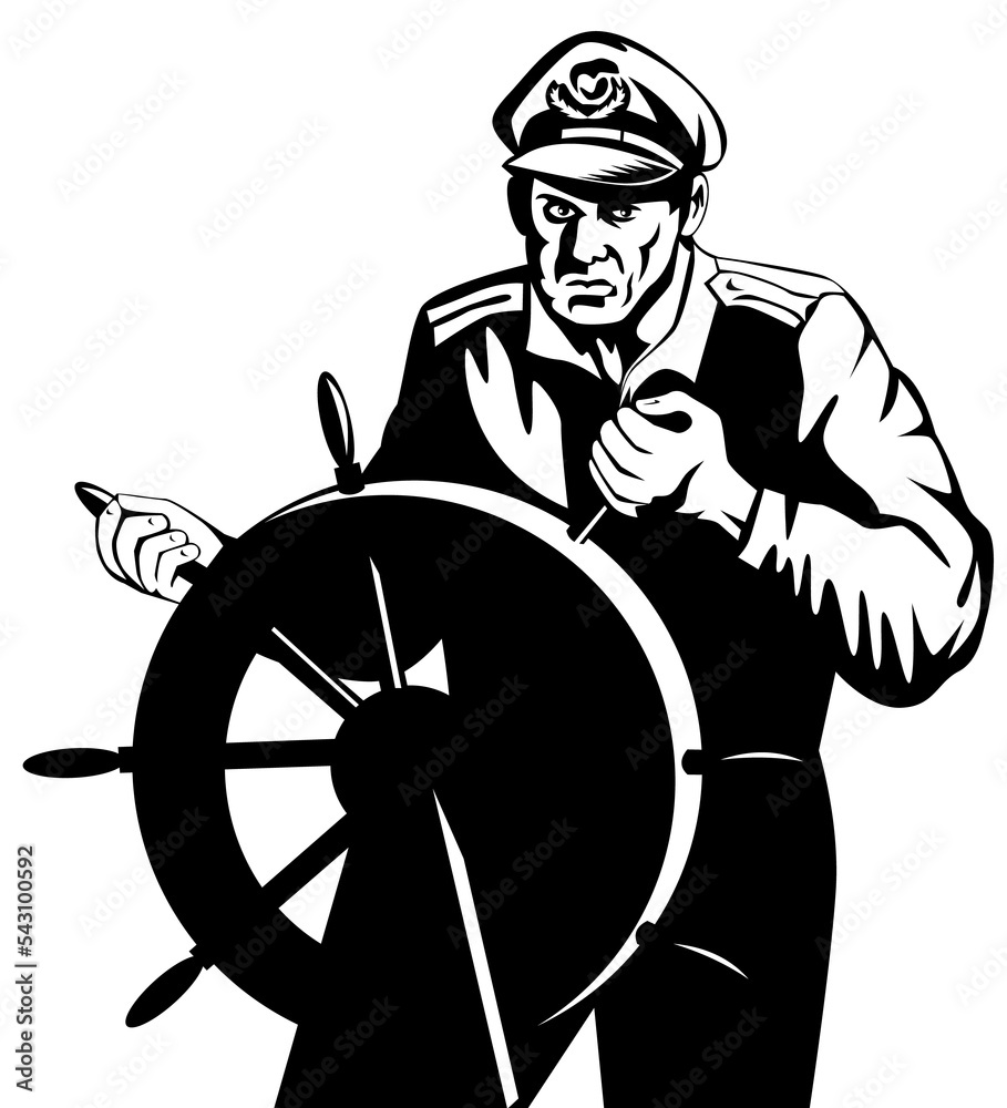 Φωτογραφία Illustration of a fisherman sea captain at the wheel helm done in retro style