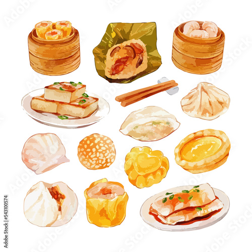 Set of watercolor chinese food dim sum. Vector hand drawn different types of asian food in wooden steamers, top view. Tasty chinese food, delicious har gao, shrimp bean curd skin, rolls.