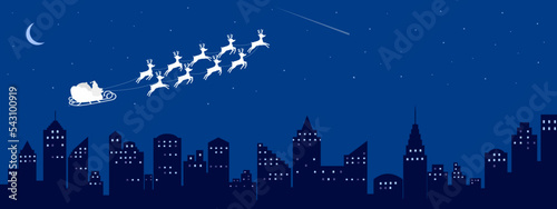 Merry Christmas happy new year banner vector illustration, Santa Claus fly in  sleigh with nine reindeers on sky night over skyscraper building city town landscapes, calibration holiday background.