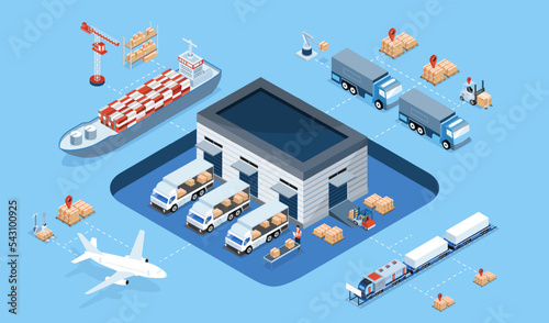 3D isometric Smart logistics concept with Warehouse Logistic, Workers loading products, transportation truck use wireless technoloty. Eps10 vector illustration