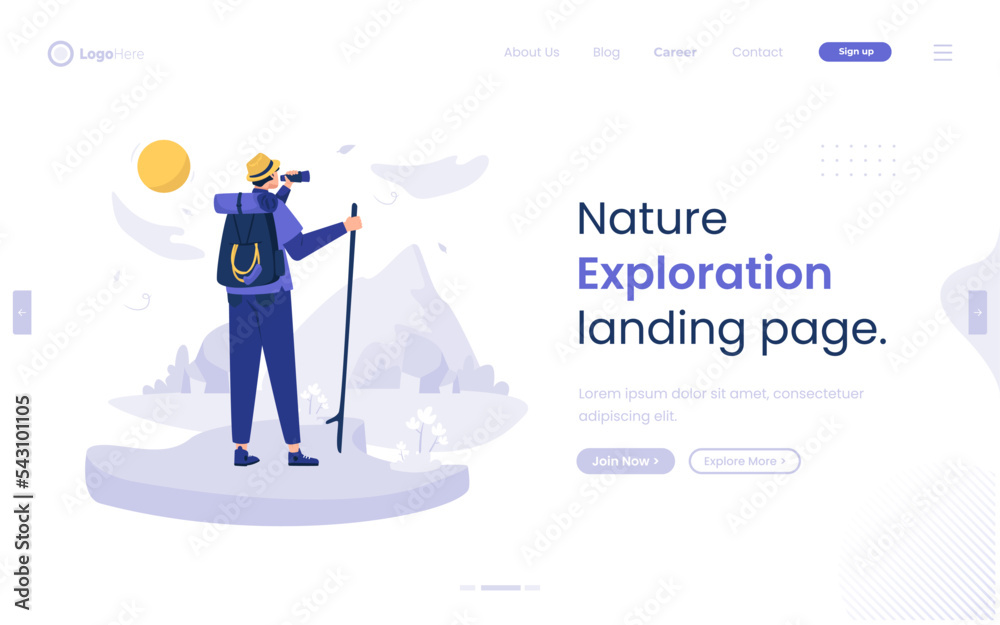 Nature exploration hiking vacation illustration on landing page design