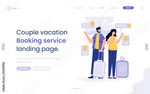 Couple traveler booking service preparation illustration on web banner