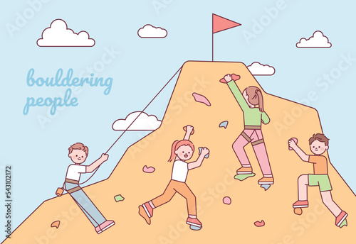 Many people are doing indoor rock climbing. They are going up to the flag. flat vector illustration.
