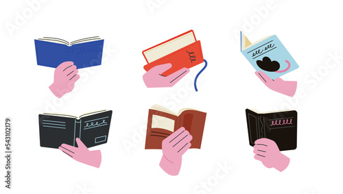 A collection of hands holding an open book. flat vector illustration.