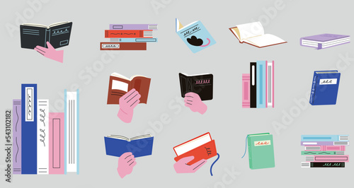 A collection of stacked books, flowers on a bookshelf, and hands holding books open. flat vector illustration.