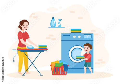 Dry Cleaning Store Service with Kid, Washing Machines, Dryers and Laundry for Clean Clothing in Flat Cartoon Hand Drawn Templates Illustration