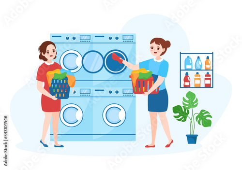 Dry Cleaning Store Service with Washing Machines, Dryers and Laundry for Clean Clothing in Flat Cartoon Hand Drawn Templates Illustration