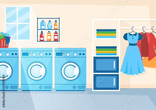 Dry Cleaning Store Service with Washing Machines, Dryers and Laundry for Clean Clothing in Flat Cartoon Hand Drawn Templates Illustration