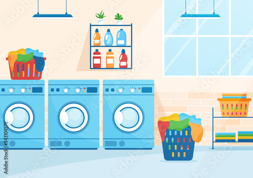 Dry Cleaning Store Service with Washing Machines, Dryers and Laundry for Clean Clothing in Flat Cartoon Hand Drawn Templates Illustration