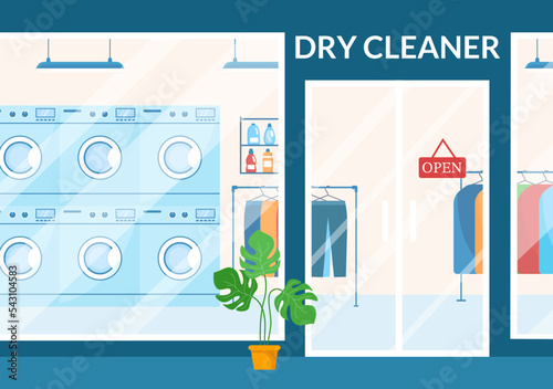 Dry Cleaning Store Service with Washing Machines, Dryers and Laundry for Clean Clothing in Flat Cartoon Hand Drawn Templates Illustration
