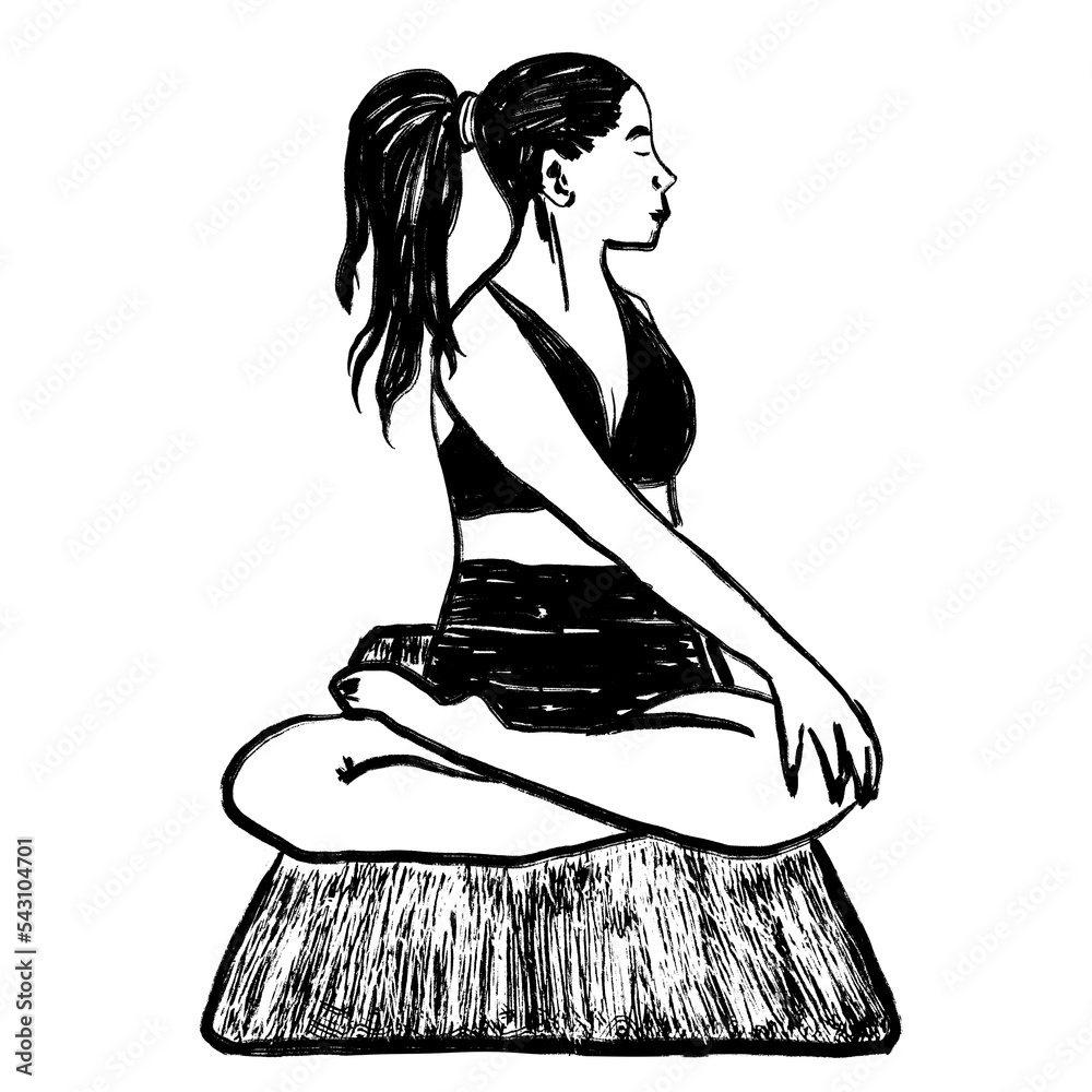 Young woman in yoga pose, pilates stretching training, female ponytail  sports, exercise yoga mat. Black white monocrome ink sketch illustration,  minimalist drawing with simple brush strokes. Stock Illustration | Adobe  Stock