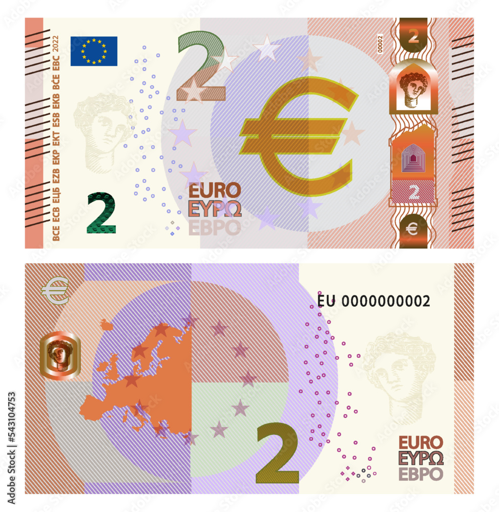 Vetor de Vector fictional gaming banknote of 2 euro. Obverse and
