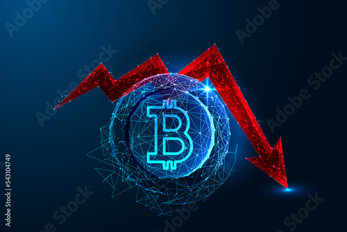 Concept of Bitcoin price crash fall down in futuristic glowing polygonal style on blue background