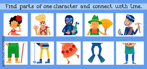 Educational game for children. Find parts of one character and connect with line. Puzzles for kids. Vector illustration.