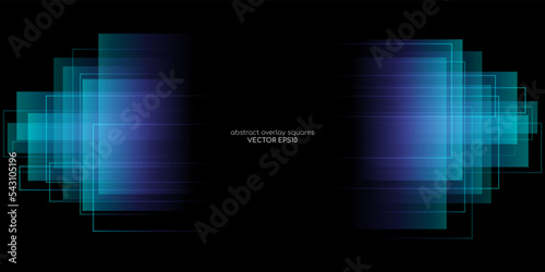 Abstract geometric rectangle and lines transparent overlay with purple blue green gradient light isolated on black background. Vector backdrop, banner in concept modern, technology, digital, science.