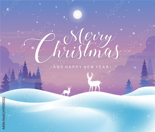 Merry Christmas and happy new year with snow forest and pastel sky illustration