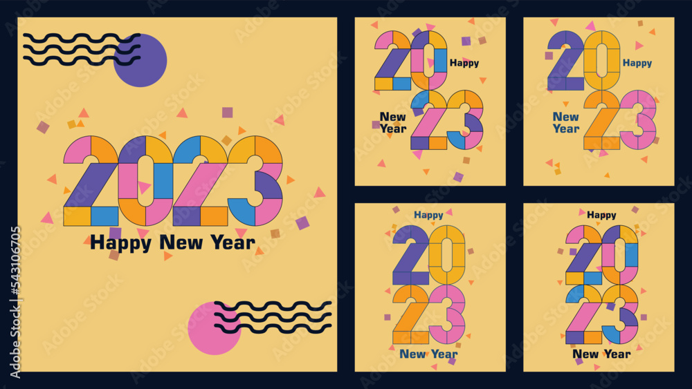 2023 New Year Square Poster Set with creative concept. Shaped creative concept for the new year 2023. 