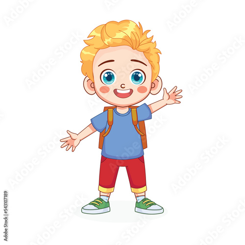 Cute blonde kid boy with backpack vector illustration. The kid boy goes to school.