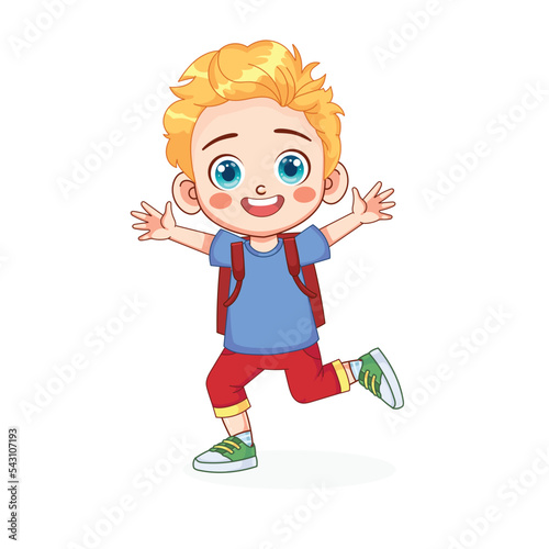 Cute blonde kid boy with backpack vector illustration. The kid boy goes to school.