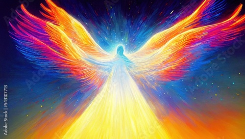 Ai generated digital art of colorful angel with open wings on a dark background covered in stars